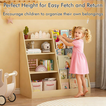 Multi-tier kids bookshelf with toy storage organizer by GBruno Store, 34.65 inches tall, featuring open shelves and colorful toy bins.
