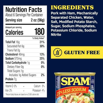 Canned SPAM 25% Less Sodium, 12oz, shelf-stable spiced meat in a metal can, ideal for protein-rich meals