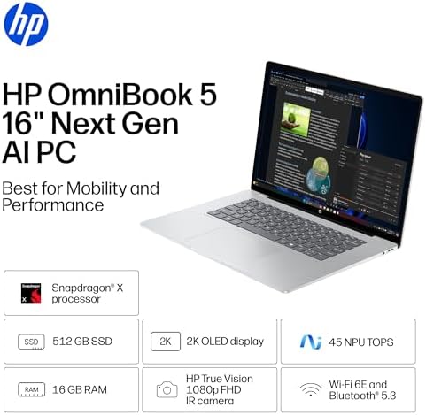 BACKUPMYFILESNOW® HP OmniBook 5 laptop with 16-inch 2K display, Snapdragon X1, 16GB RAM, 512GB SSD, Glacier Silver color