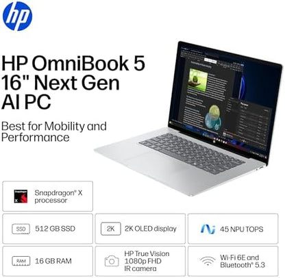 BACKUPMYFILESNOW® HP OmniBook 5 laptop with 16-inch 2K display, Snapdragon X1, 16GB RAM, 512GB SSD, Glacier Silver color