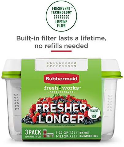 Rubbermaid FreshWorks large produce storage containers, 4-piece set, with clear lids and venting for fresh fruit and vegetable preservation.