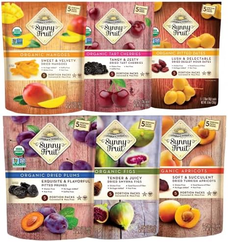 Sunny Fruit dried fruit snack packs, 6 bags with 30 portion packs of assorted dried fruit, ideal for healthy snacking.