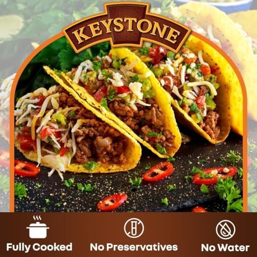 Canned Keystone All Natural Heat and Serve Ground Beef in 14 oz can, ready to eat, fully cooked, pantry staple for meals and emergencies