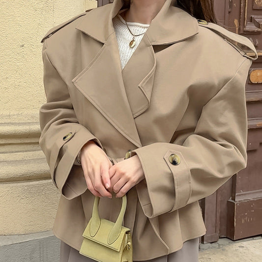 Women's khaki mid-length trench coat with lace-up waist and casual tailored fit