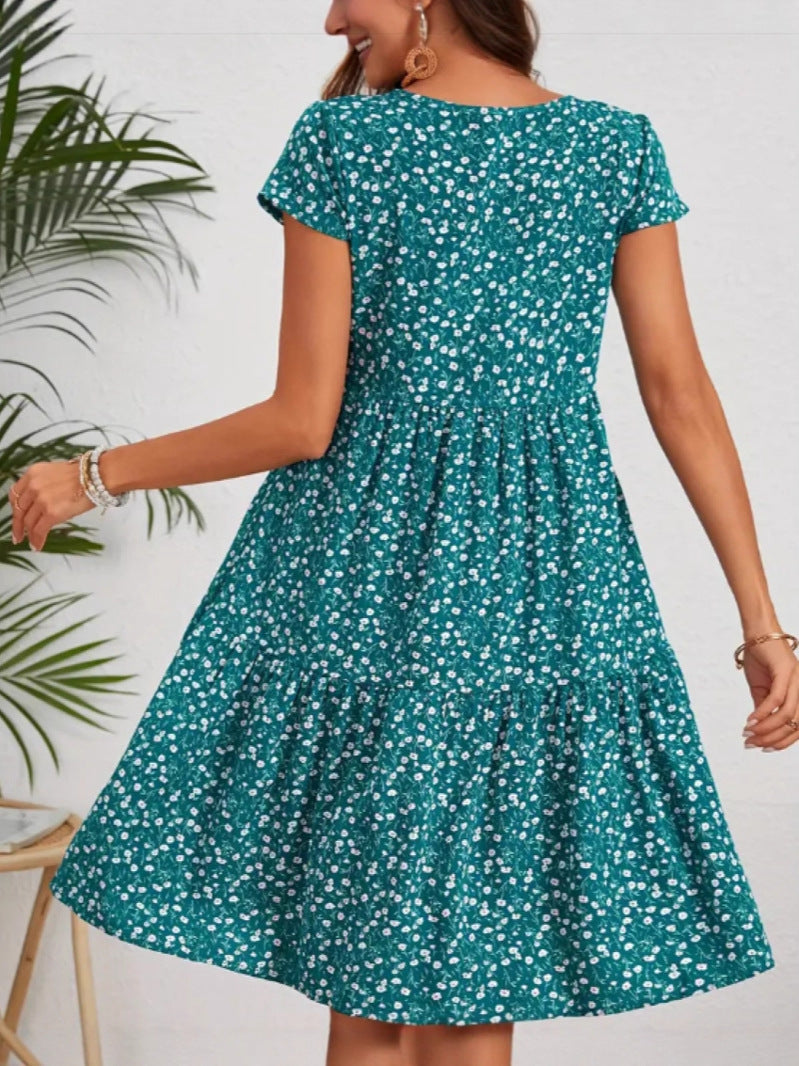 All-over print crew neck short sleeve women's casual dress in a colorful patterned design