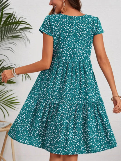 All-over print crew neck short sleeve women's casual dress in a colorful patterned design
