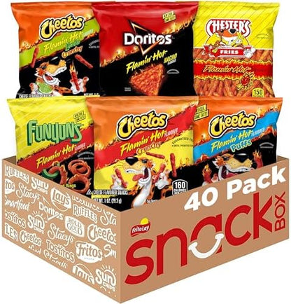 Frito Lay Flamin' Hot Mix snack pack with 6 flavors of Cheetos, Doritos, Chester's, and Funyuns in a 40-count variety pack