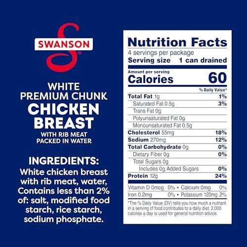 Swanson White Premium Chunk Canned Chicken in Water, 4 cans of 2.4 oz each, showing the canned chicken inside the can.
