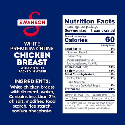 Swanson White Premium Chunk Canned Chicken in Water, 4 cans of 2.4 oz each, showing the canned chicken inside the can.
