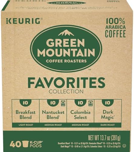 Green Mountain Coffee Roasters Favorites Collection K-Cup coffee pods in various flavors, with colorful packaging and brewing capsules.