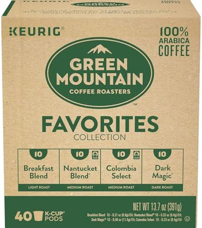Green Mountain Coffee Roasters Favorites Collection K-Cup coffee pods in various flavors, with colorful packaging and brewing capsules.
