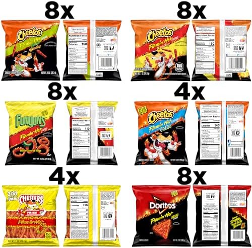 Frito Lay Flamin' Hot Mix variety snack chips including Cheetos, Doritos, Chester's, and Funyuns in a 40-count pack