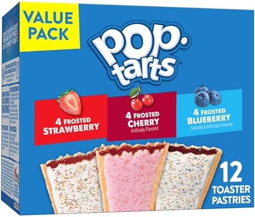 Pop-Tarts Toaster Pastries fruit flavor variety pack, 12-piece breakfast snack box with colorful frosted pastries for kids.