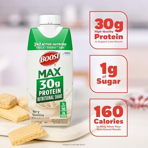 BOOST MAX Ready to Drink Protein Shake in vanilla flavor, 11 oz bottles, pack of 18, with creamy vanilla beverage in clear bottles.