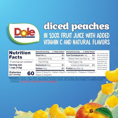 Dole diced peaches in 4 oz fruit snack cups, 12-pack, showing colorful fruit pieces in clear cups with fruit labels