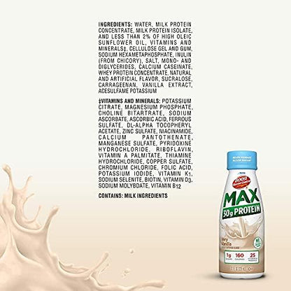 BOOST Glucose Control Max protein nutritional drinks in rich chocolate and vanilla flavors, 12-pack each, with 30g protein per serving.