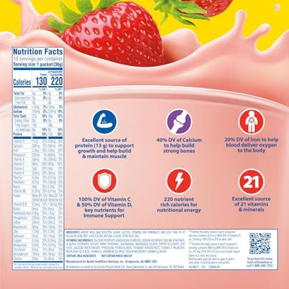Carnation Breakfast Essentials Complete Nutritional Drink Mix in strawberry flavor, ready to mix for a nutritious breakfast.