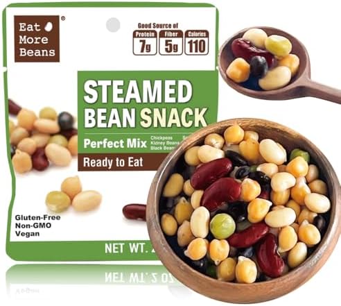 Organic Eat More Beans steamed bean snack mix in 2oz packs, showcasing colorful, healthy bean varieties in a clear packaging.