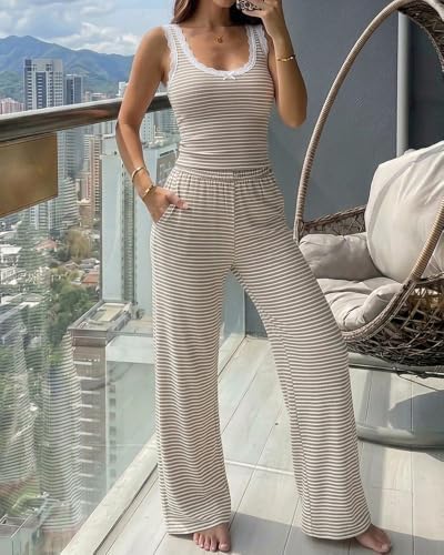 CHICME women's 2-piece striped knit pajama set for comfortable lounge, featuring a relaxed fit and soft fabric.