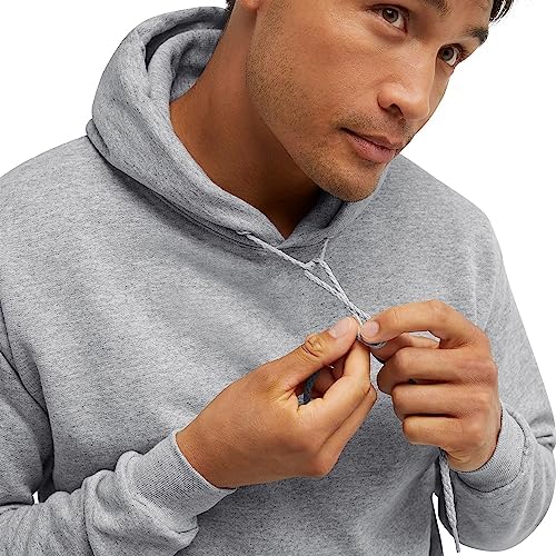 Hanes men's EcoSmart fleece hoodie with a front pocket, hood, and ribbed cuffs, suitable for men and women, available in big and tall sizes.