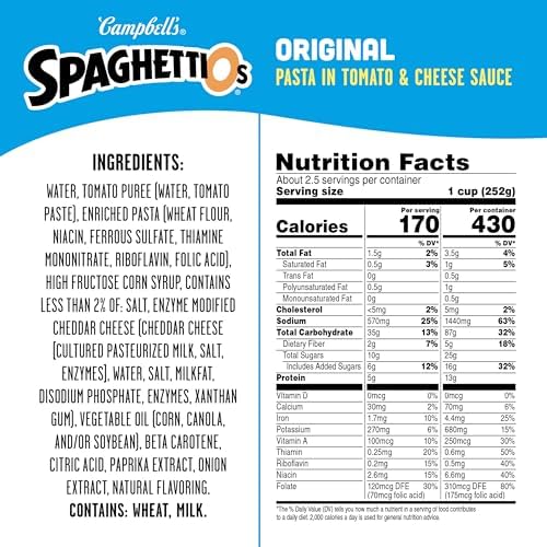Canned SpaghettiOs Original packaged pasta in a 22.4 oz can, healthy snack for kids and adults, shown in a pack of 12