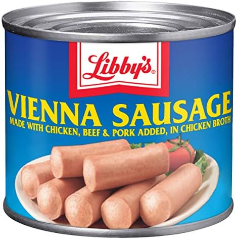 Libby's Vienna Sausage in chicken broth, canned sausage pack of 24, 4.6 oz each, showing cans with label and open lid