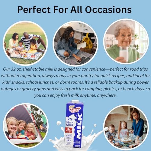 Prairie Farms 2% shelf stable milk box with four quart cartons, vitamin D, preservative-free, gluten-free, made in USA