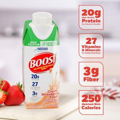 BOOST High Protein with Fiber Strawberry Nutritional Shake, 24-pack, showing a glass of the delicious strawberry-flavored shake.
