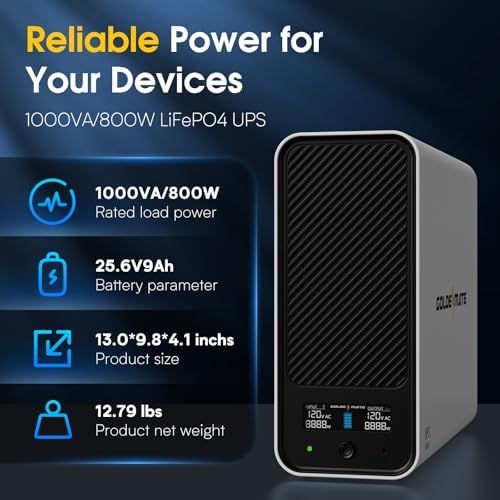 GOLDENMATE white lithium UPS battery backup and surge protector, 1000VA/800W capacity, with power outlets and safety features.