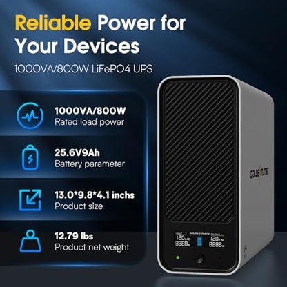 GOLDENMATE white lithium UPS battery backup and surge protector, 1000VA/800W capacity, with power outlets and safety features.