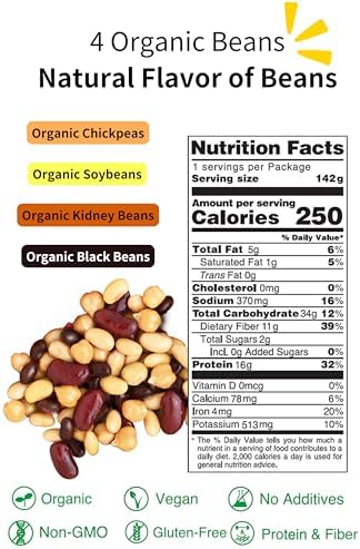 Eat More Beans organic super bean mix in 5oz ready-to-eat packs, shown in six-pack packaging with colorful label.