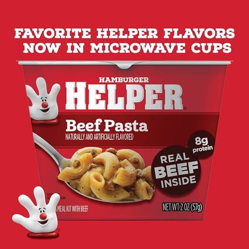 Hamburger Helper Beef Microwave Pasta Cup with ready-to-eat beef pasta in a 2 oz cup, quick meal for busy weeknights, no artificial flavors.