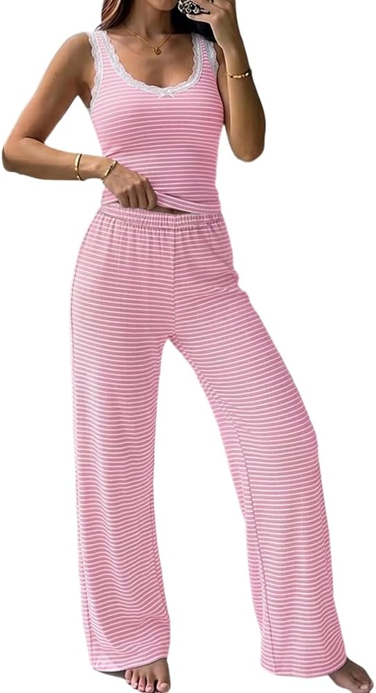 CHICME women's two-piece striped knit pajama set with long sleeve top and matching pants, comfortable lounge sleepwear for women