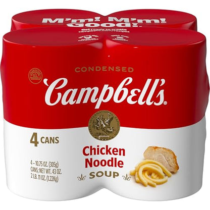 Four 10.75 oz cans of Campbell’s Condensed Chicken Noodle Soup, packaged in a clear plastic wrap, showing the labels on each can.