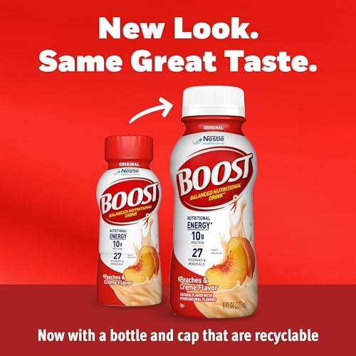 BOOST Original Nutritional Shake, Peaches & Crème flavor, ready-to-drink 24-pack, creamy peach beverage in bottles.