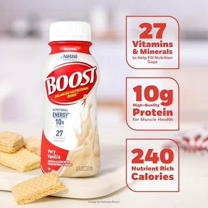 Boost Original Nutritional Shake in Very Vanilla flavor, ready-to-drink nutritional beverage, 24-pack, creamy vanilla flavor, convenient packaging