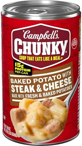 Campbell’s Chunky Baked Potato with Steak & Cheese Soup in 18.8 oz can, showing the soup in a bowl with visible chunks of potato and steak.