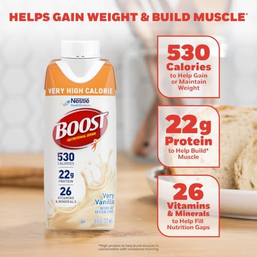 BOOST Very High Calorie Protein Nutritional Drink in Very Vanilla flavor, 8 fl oz bottles, 24-pack, ideal for added nutrition.