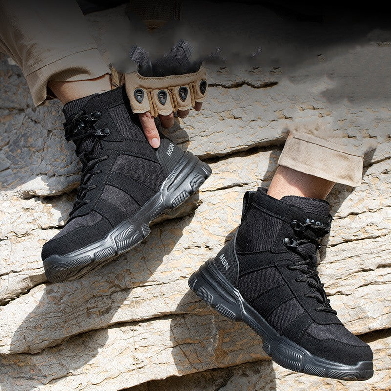 High-top labor protection shoes with anti-smash toe and anti-puncture sole, black protective work footwear
