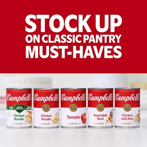 Four 10.75 oz cans of Campbell’s Condensed Chicken Noodle Soup stacked together, featuring the Campbell’s brand logo on the labels.
