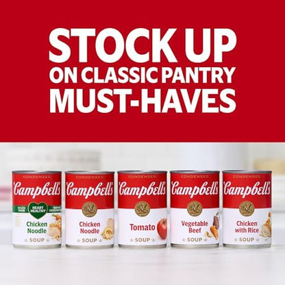 Four 10.75 oz cans of Campbell’s Condensed Chicken Noodle Soup stacked together, featuring the Campbell’s brand logo on the labels.