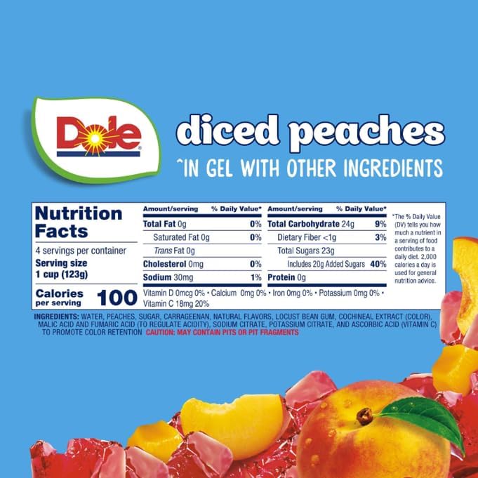 Dole Fruit Bowls Peaches in 4.3oz snack cups, showing colorful peach slices in clear plastic containers.