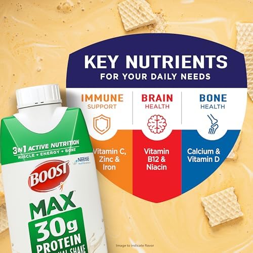 BOOST MAX Ready to Drink Vanilla Protein Shake, 11 Fl Oz, pack of 18 bottles, creamy vanilla flavor in convenient bottles