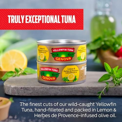 Genova Premium Yellowfin Tuna in lemon and Herbes de Provence olive oil, 5 oz cans, pack of 12, solid light tuna fish