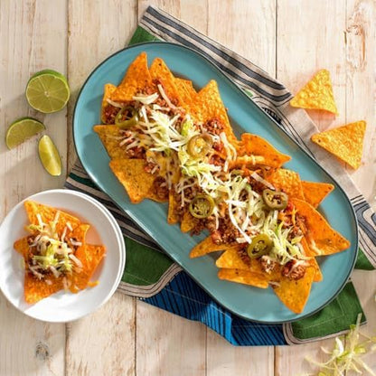 Doritos Nacho Cheese flavored tortilla chips in a 1-ounce pack, showing crispy, seasoned chips with reddish-orange cheese coating.