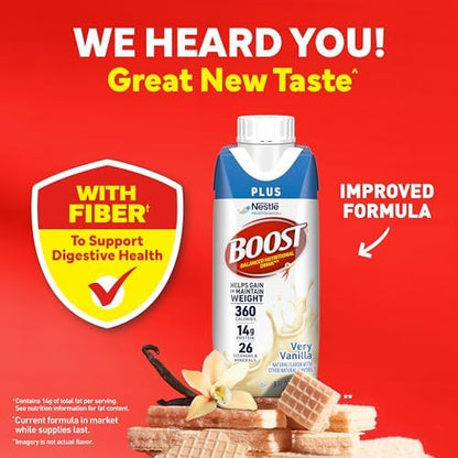 BOOST Plus Very Vanilla protein drink 24-pack, ready-to-drink nutritional beverage with creamy vanilla flavor and convenient packaging.