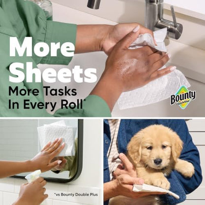 Bounty Paper Towels Quick Size in white, 16 family rolls, 40 regular rolls, displayed on a clean kitchen surface.
