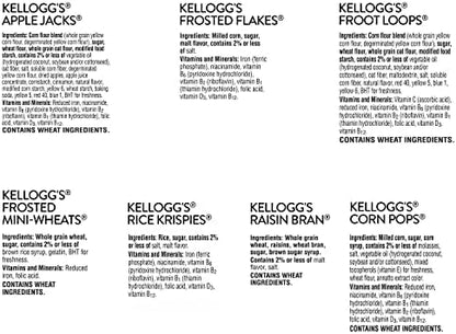 Assorted Kellogg's cold breakfast cereals in colorful boxes, bulk variety pack with 48 boxes, kid-friendly pantry staples