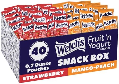 Welch's Fruit 'n Yogurt Variety Pack of fruit yogurt snacks, 0.7 oz, 40 count, featuring colorful fruit and yogurt snack packaging.