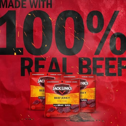Jack Link's Teriyaki Beef Jerky Multipack with five 0.625 oz packs, showing savory beef jerky slices in a resealable bag.